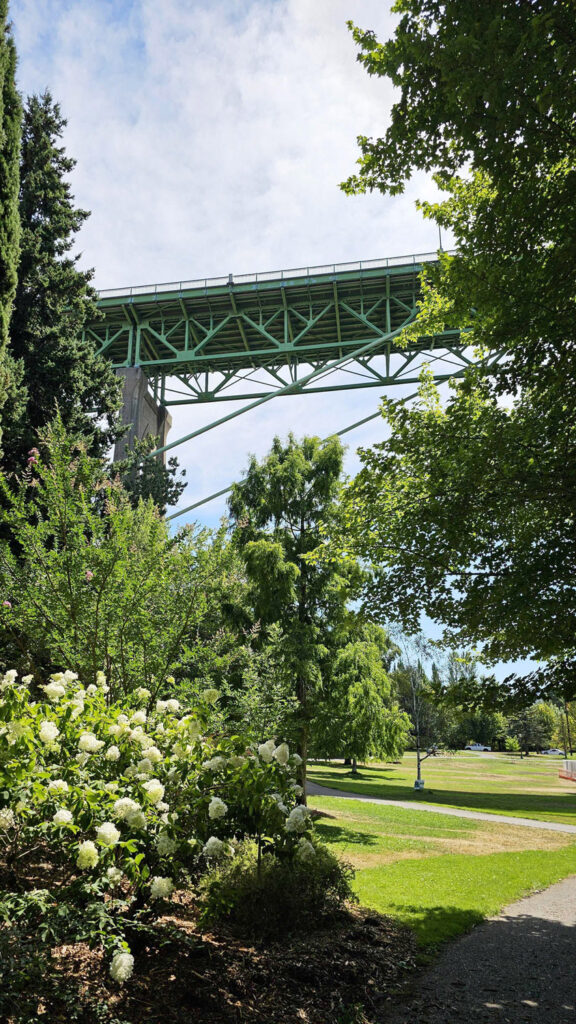 A span of the St Johns Bridge from Cathedral Park in St Johns, Oregon, part of the Greater Metropolitan area of Portland, Oregon