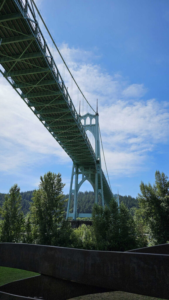 St Johns Bridge from Cathedral Park in St Johns, Oregon, part of the Greater Metropolitan area of Portland, Oregon