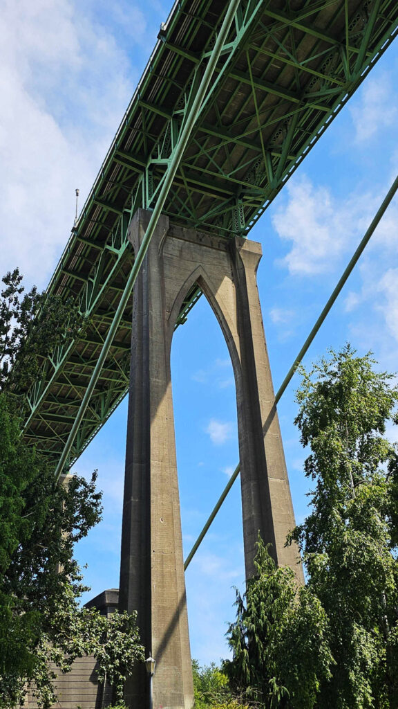St Johns Bridge from Cathedral Park in St Johns, Oregon, part of the Greater Metropolitan area of Portland, Oregon