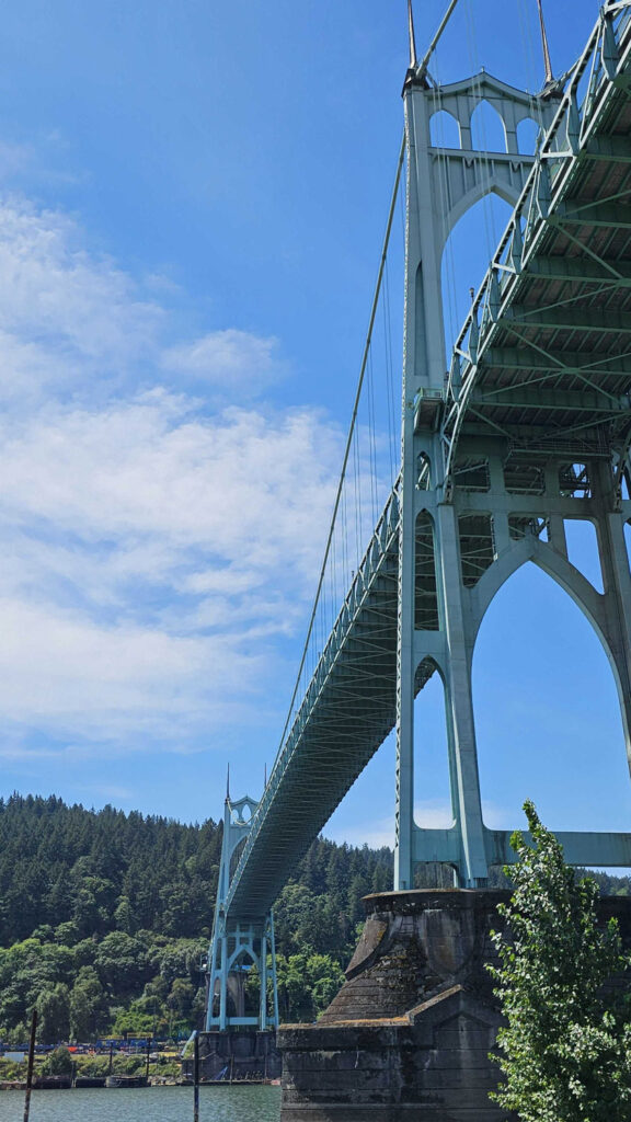 St Johns Bridge from Cathedral Park in St Johns, Oregon, part of the Greater Metropolitan area of Portland, Oregon
