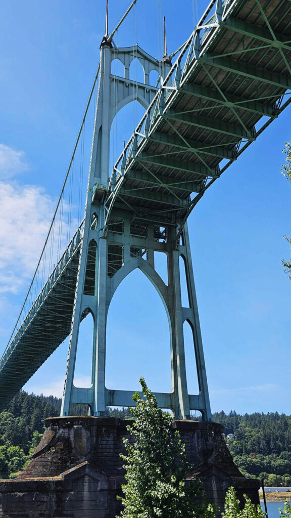 St Johns Bridge from Cathedral Park in St Johns, Oregon, part of the Greater Metropolitan area of Portland, Oregon
