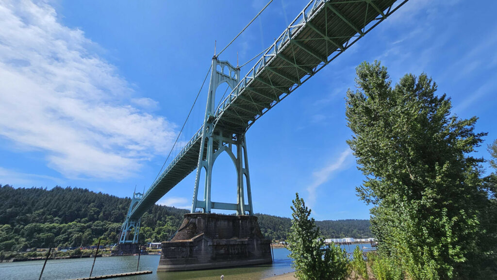 St Johns Bridge from Cathedral Park in St Johns, Oregon, part of the Greater Metropolitan area of Portland, Oregon