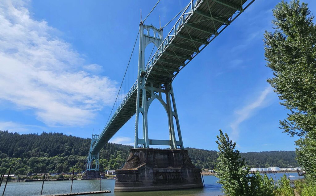 St Johns Bridge from Cathedral Park in St Johns, Oregon, part of the Greater Metropolitan area of Portland, Oregon
